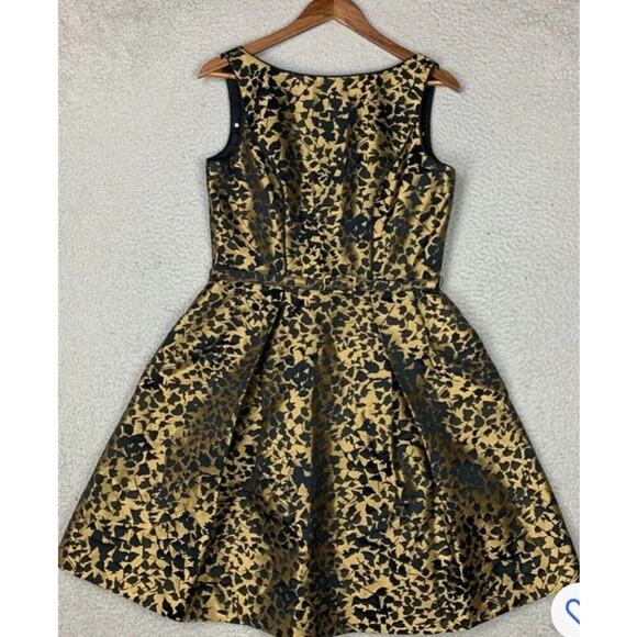 Theia Dress Black & Gold dress brocade sleeveless fit & flare pockets size 10 - Picture 1 of 10